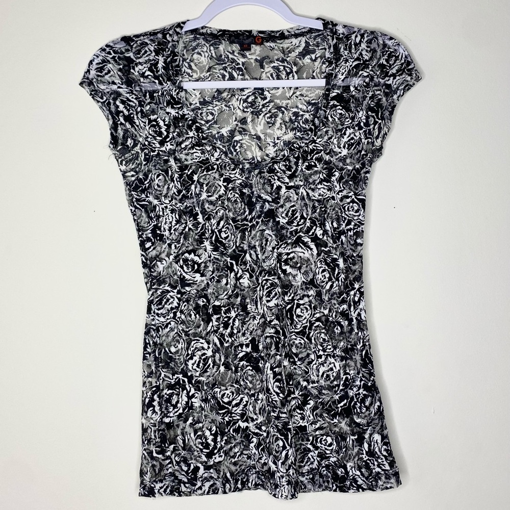 Guess black and white sheer rose top
